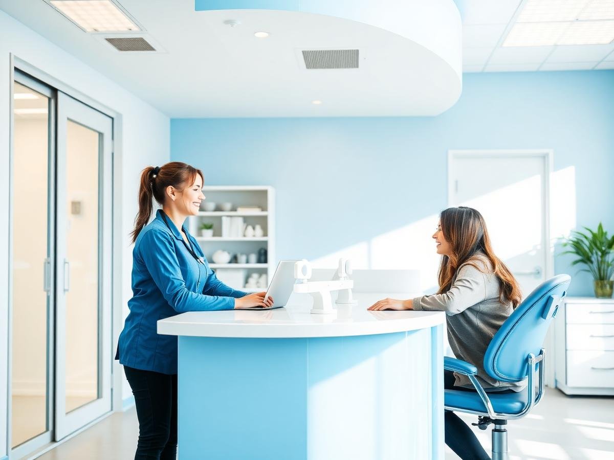 Receptionist welcoming a patient at the clinic front desk