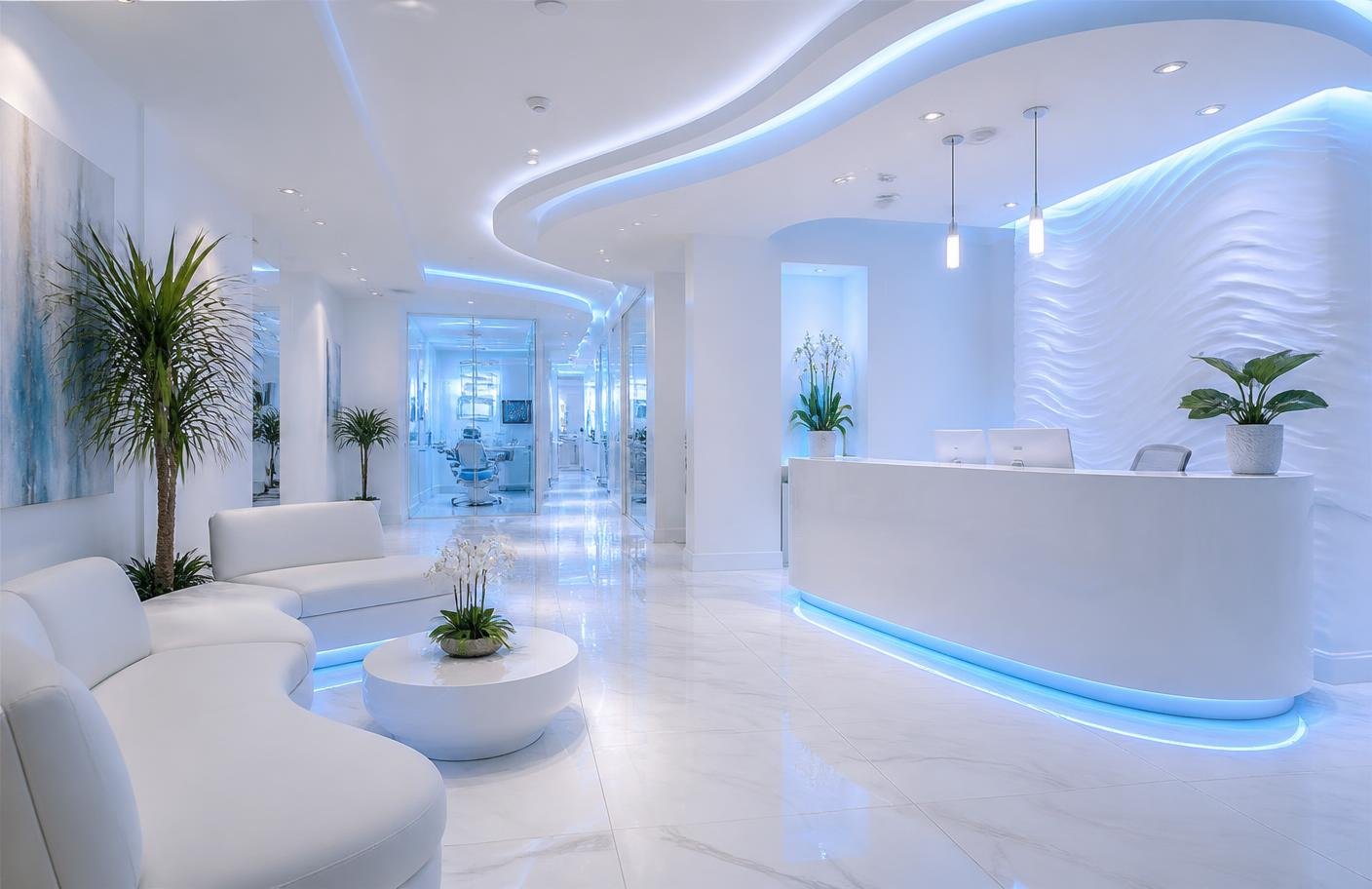 Bright modern dental clinic reception with blue accent lighting